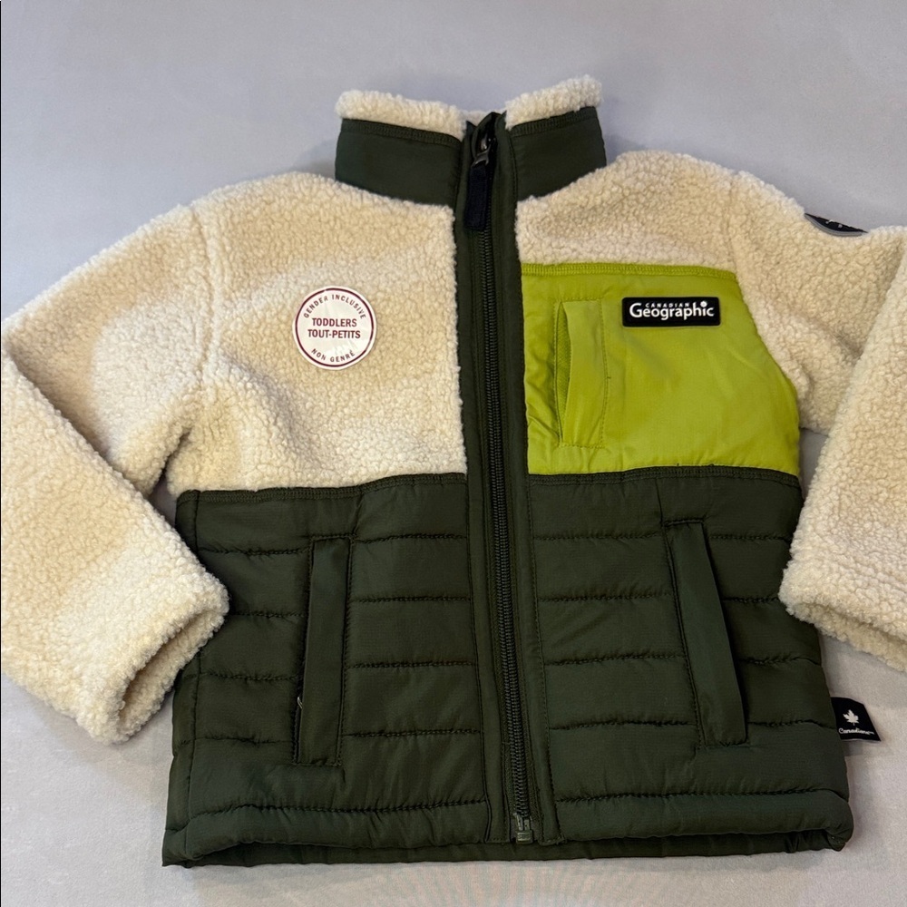 Canadiana Kids Jacket Sherpa Fleece Green and Cream Unisex Toddler Size 3T - Picture 3 of 15